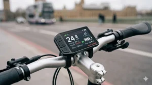 Close-up of an ebike handlebar display showing speed in mph and battery levels for a 48v system.
