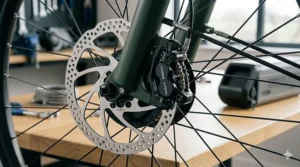 Illustration of hydraulic disc brakes on a powerful 48v ebike for responsive stopping power in wet conditions.