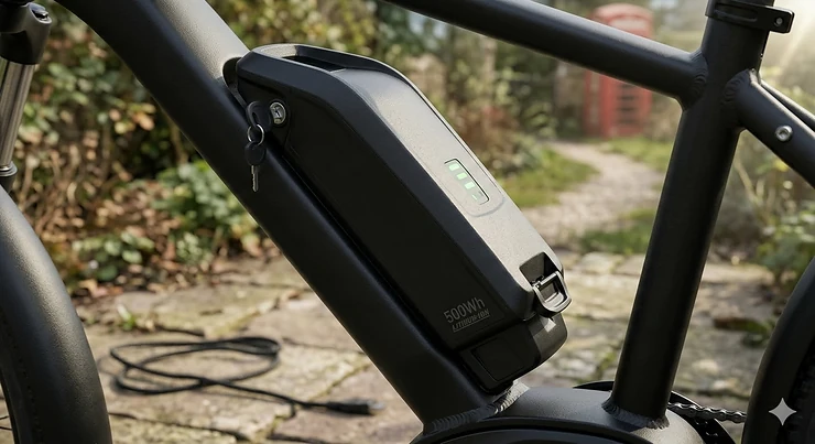 A premium electric bicycle featuring a sleek integrated 500wh battery parked on a London street with a classic brick backdrop. 500wh battery ebike