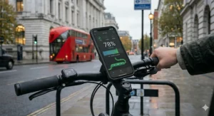 A close-up photograph of a smartphone mounted on the handlebars, displaying a detailed battery level and estimated range indicator via an e-bike control app.