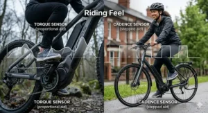 A split-screen illustration showing the smooth, proportional power delivery of a torque sensor versus the stepped, on-off assistance of a cadence sensor.