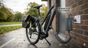 A 36v electric bike being charged using a standard white British three-pin mains socket on an urban brick wall.