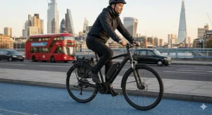 An electric bike battery being charged using a standard UK 3-pin mains plug in a domestic garage.