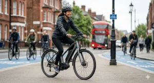 A cyclist riding a cadence-sensor-equipped hybrid e-bike on a blue London cycle superhighway, ideal for steady-paced urban commuting.