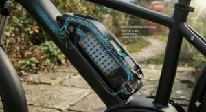 An e-bike using its 500wh battery to assist a rider climbing a steep hill in the Peak District.