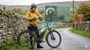 A technical graphic overlay on a British rural road illustrating how torque sensor technology optimises ebike battery range and motor efficiency.