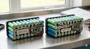 A detailed close-up of the internal lithium-ion cell arrangements for a 36V 10S and a 48V 13S ebike battery pack on a workshop bench.