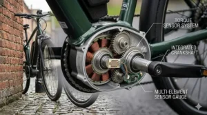 A macro photograph of an ebike bottom bracket with a translucent overlay identifying the precise location of the multi-element torque sensor gauge.
