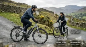 Two riders on a steep British country lane, demonstrating the instant motor engagement of a torque sensor compared to the delayed power of a cadence sensor.