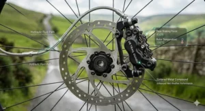 Alt text for image 4: A close-up of high-performance hydraulic disc brakes on an ebike, essential for safe stopping on steep, wet descents in typical British weather.