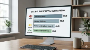A photorealistic close-up of a bar chart comparing noise levels in decibels (dB), showing why the Ribble model is ranked as the quietest ebike motor option at 40dB compared to typical hub motors.