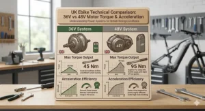 A technical infographic comparing the motor torque output and acceleration efficiency between 36V urban systems and 48V high-performance motors.