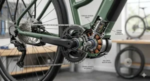 A highly detailed engineering cutaway of a mid-drive motor unit from a pedal assist ebike, revealing the intricate internal components, including gears, bearings, motor coils, and the multi-axis torque sensor mechanism that enables seamless assistance. Natural light highlights the complex mechanics.