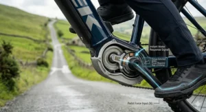 Alt text for image 9: A detailed technical drawing explaining how a built-in torque sensor provides instant power assistance as soon as a rider begins to pedal up a steep incline.
