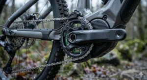 Detailed view of an e-bike torque sensor integrated into a mid-drive motor, highlighting the internal electronics that measure rider pedalling force.