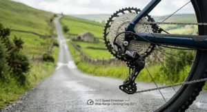 Alt text for image 7: A photorealistic close-up of an ebike drivetrain with the chain on the largest rear cog, optimised for mechanical advantage on vertical gradients.