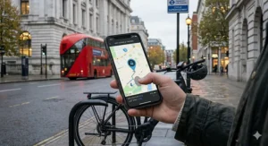 A close-up photograph of the smartphone app interface, displaying real-time GPS tracking and a security lock icon for an app-controlled electric bike on a London street map.