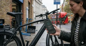A photograph inside a UK e-bike service hub of a technician using a smartphone app to run a remote diagnostic check on an app-controlled electric bike, showing a diagnostic results screen.