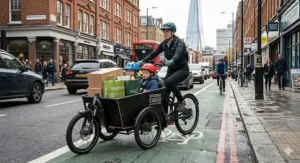 A photorealistic 4K image showing a heavy-duty electric cargo bike navigating a busy London street with a full load, demonstrating the practical application of a powerful ebike motor.