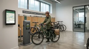 An electric hybrid bike equipped with GPS being wheeled into a modern UK office bike storage room.