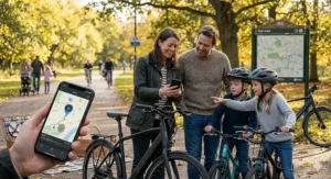 A photograph of a family enjoying a weekend ride on a shared-use cycle path in a UK country park, using app-controlled electric bikes for a coordinated trip.