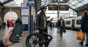 A photograph on a UK railway station platform of a commuter with a compact, folded, app-controlled electric bike, showing the app interface indicating its storage status.