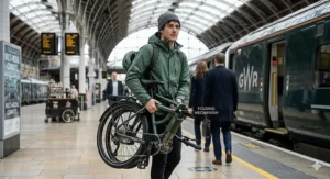 A candid photograph capturing a male commuter on a bustling UK train station platform, carrying a completely folded, compact pedal assist ebike. Other commuters and a GWR Intercity Express train are blurred in the background, highlighting the bike's suitability for multi-modal travel.