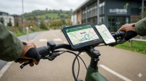 The digital cockpit of a GPS electric bike providing turn-by-turn directions for a cycle path in Bristol.