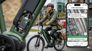 A smartphone app showing the real-time location of a GPS electric bike parked outside a UK railway station.