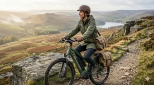 An electric mountain bike with GPS mapping parked on a trail overlooking the Peak District National Park.