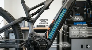 A photorealistic 4K technical product illustration showing a detailed cutaway view of a high-capacity, high-voltage battery system integrated into the downtube of an electric mountain bike.