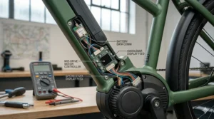 An illustration showing the internal connection between the motor, battery, and GPS receiver on a modern ebike.