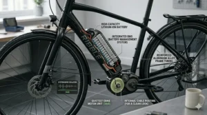 A 4K isometric cutaway of a matte black Ribble e-bike frame, showing the integrated battery and the 38dB quietest ebike motor unit for a clean, minimalist, and silent British aesthetic.