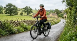 A photorealistic illustration of a rider on a step-through pedal assist ebike enjoying a relaxed ride along a narrow, winding country lane in the Cotswolds. The lane is lined with traditional dry stone walls and wildflowers under a softly clouded British sky.