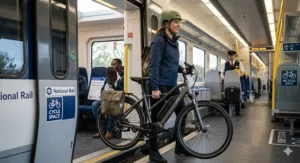 A lightweight 36v electric folding bike being carried by a commuter onto a National Rail train carriage in the UK.