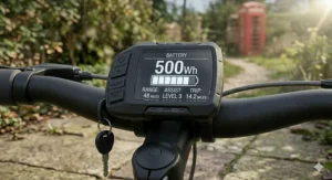 Diagram showing the weight distribution of a mid-drive motor and 500wh battery on a modern e-bike frame.