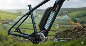 Alt text for image 3: An infographic diagram illustrating an electric bike's battery discharge and estimated range when navigating repetitive steep climbs and descents in the UK.