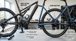 A photorealistic, detailed side-by-side technical comparison diagram of an integrated mid-drive ebike motor and a rear hub ebike motor, with labels highlighting their core performance characteristics.
