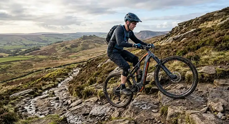 A photorealistic shot of an eMTB rider conquering a steep, technical rock garden ascent in the Peak District using the most powerful ebike motor. most powerful ebike motor