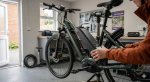 A close-up photograph set inside a clean, modern UK garage, showing a rider's hands carefully aligning and connecting a charging cable to the integrated downtube battery of a pedal assist ebike, which is mounted on a work stand.
