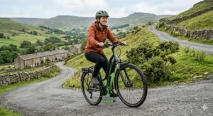 A photorealistic illustration capturing a cyclist on a steep, challenging British hill climb, potentially in the Peak District. The rider looks confident as a subtle, glowing green power bar graphic near the drivetrain indicates the pedal assist motor is providing high-level support.