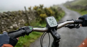 An intricate close-up view of the handlebars and dashboard of a pedal assist ebike. The clear, backlit digital display prominently features speed in mph, battery percentage, selected assist mode (using British terminology), and estimated range. Diffused natural daylight creates realistic textures.