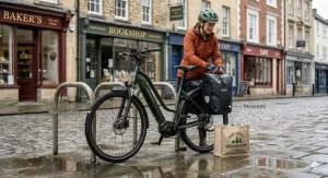 A detailed photograph of a pedal assist ebike parked securely on a traditional cobblestone British high street outside a 'Baker's' and a 'Greengrocer's'. The bike is equipped with front and rear mudguards and a rear rack with full pannier bags, illustrating its utility for daily errands.