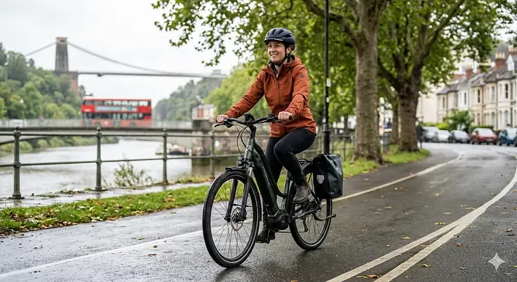 A candid, photorealistic photograph of a woman commuting on a modern pedal assist ebike along a dedicated cycle path in Bristol, UK. A traditional red double-decker bus is subtly moving across the blurred Clifton Suspension Bridge in the background, under diffused British daylight. pedal assist ebike