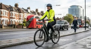 A dynamic medium shot illustrating a commuter riding a pedal assist ebike on a dedicated urban cycle superhighway. The rider is wearing a helmet and a high-visibility jacket, with blurry UK urban traffic (a red double-decker bus and black cab) in the background. A callout subtly points to the motor unit as a '250W UK LIMIT' EAPC.