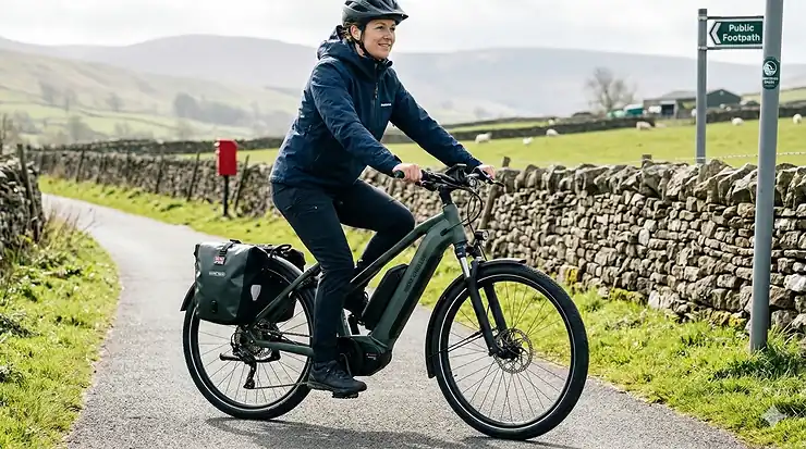 A powerful 48v ebike parked on a paved cycle path in the UK, showing the integrated battery and mid-drive motor. powerful 48v ebike