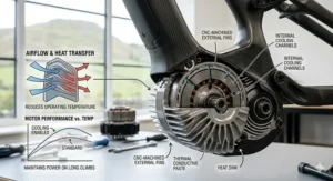 A photorealistic 4K technical product illustration showing a detailed cutaway view of a powerful e-bike motor, explaining its advanced cooling fins and heat dissipation for sustained performance on long UK climbs.
