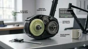A technical cross-section of the Ribble e-bike motor on a workbench, showcasing the internal helical nylon gear designed to create the quietest ebike motor experience by absorbing vibration.