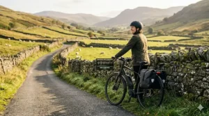 A Ribble e-bike leaned against a dry stone wall in a remote Welsh valley, with a technical overlay confirming a 38dB reading to show how the quietest ebike motor preserves the peace of the British countryside.