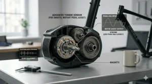 A technical illustration of the motor's advanced torque sensor on a minimalist workbench, explaining how silent engagement and smooth pedalling assist contribute to the quietest ebike motor performance